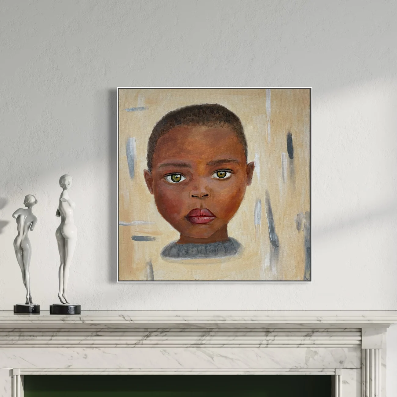 L'Enfant, peinture de Sirine Siena exposée sur cheminée